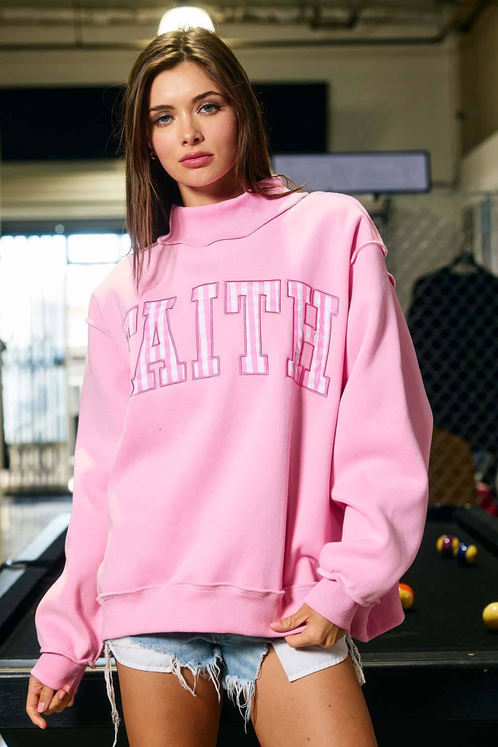 Bucketlist Faith Striped Appliqué Mock-Neck Sweatshirt in Pink