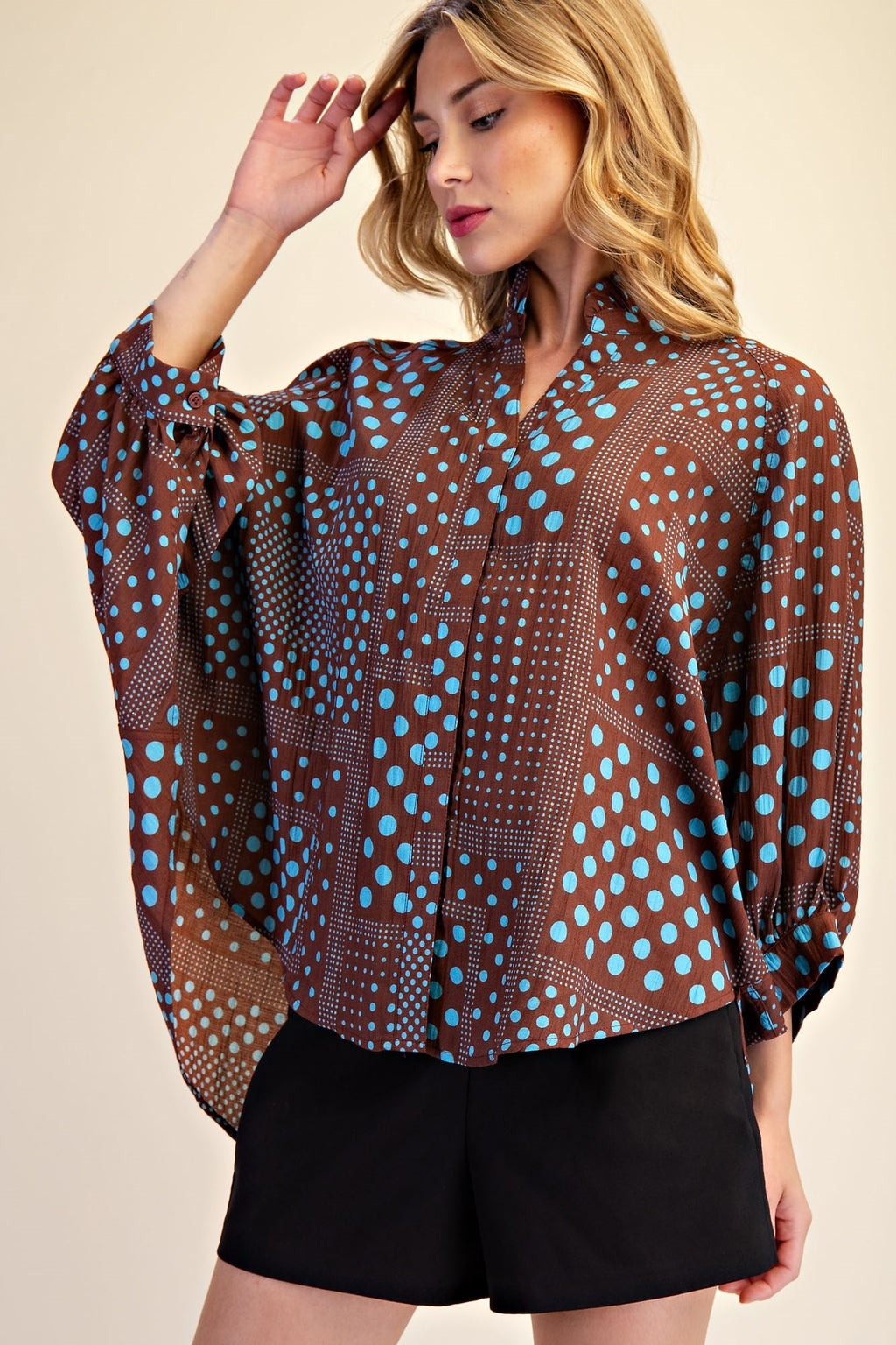 Glam Blue Polka Dot Balloon Sleeve Blouse