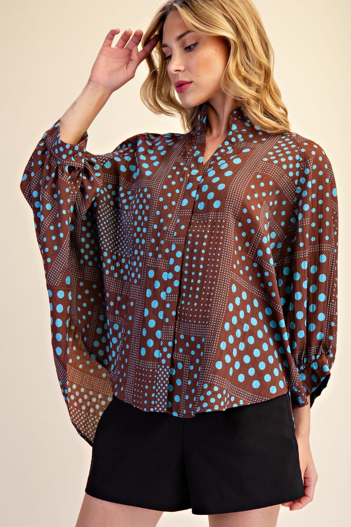 Glam Blue Polka Dot Balloon Sleeve Blouse