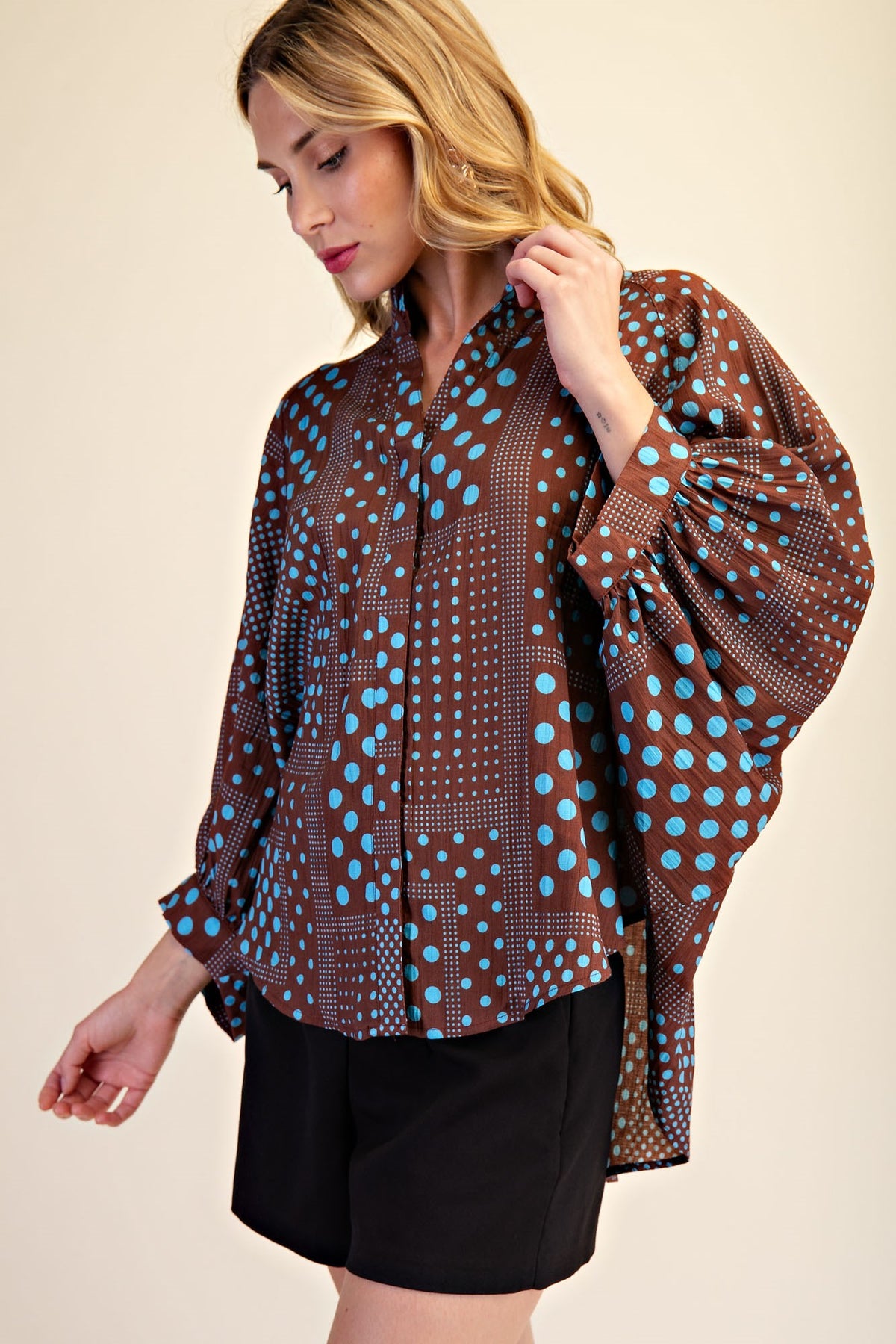 Glam Blue Polka Dot Balloon Sleeve Blouse