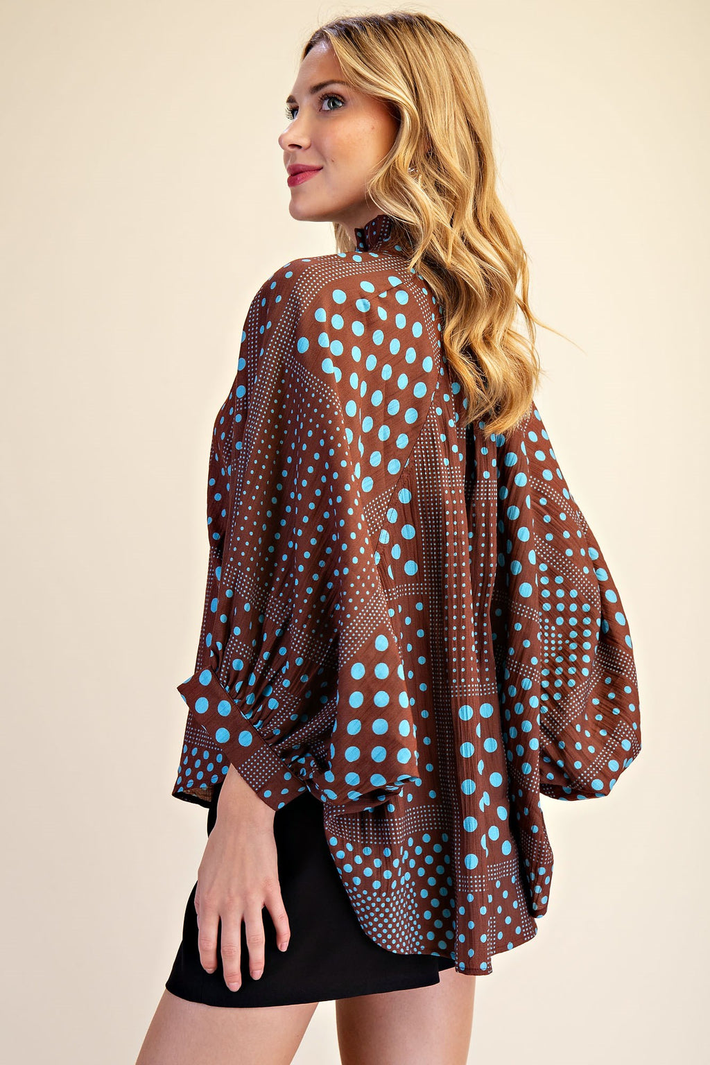 Glam Blue Polka Dot Balloon Sleeve Blouse