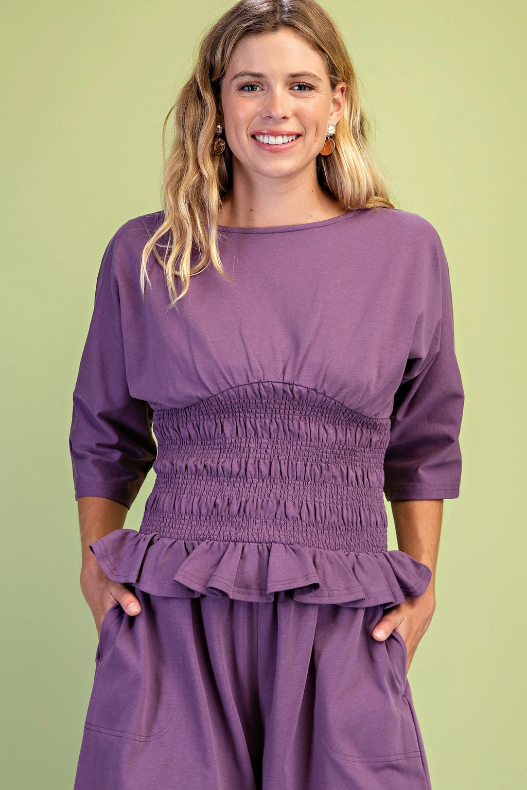 GiGiO Boat Neck Smocked Waist Blouse with Dolman Sleeves