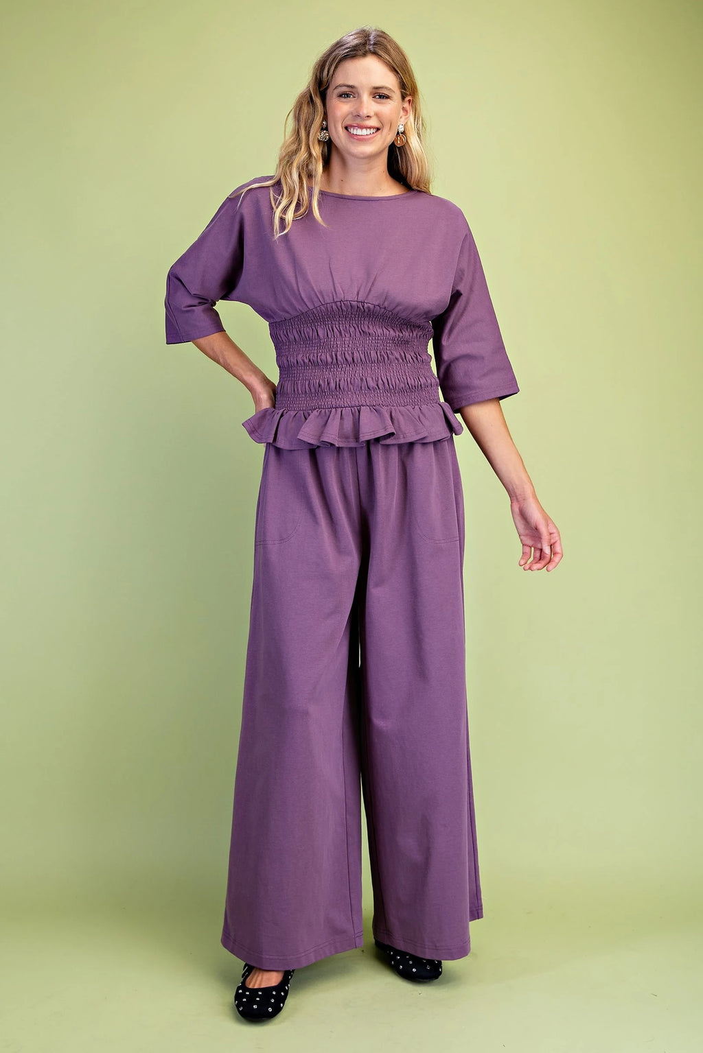 GiGiO Boat Neck Smocked Waist Blouse with Dolman Sleeves