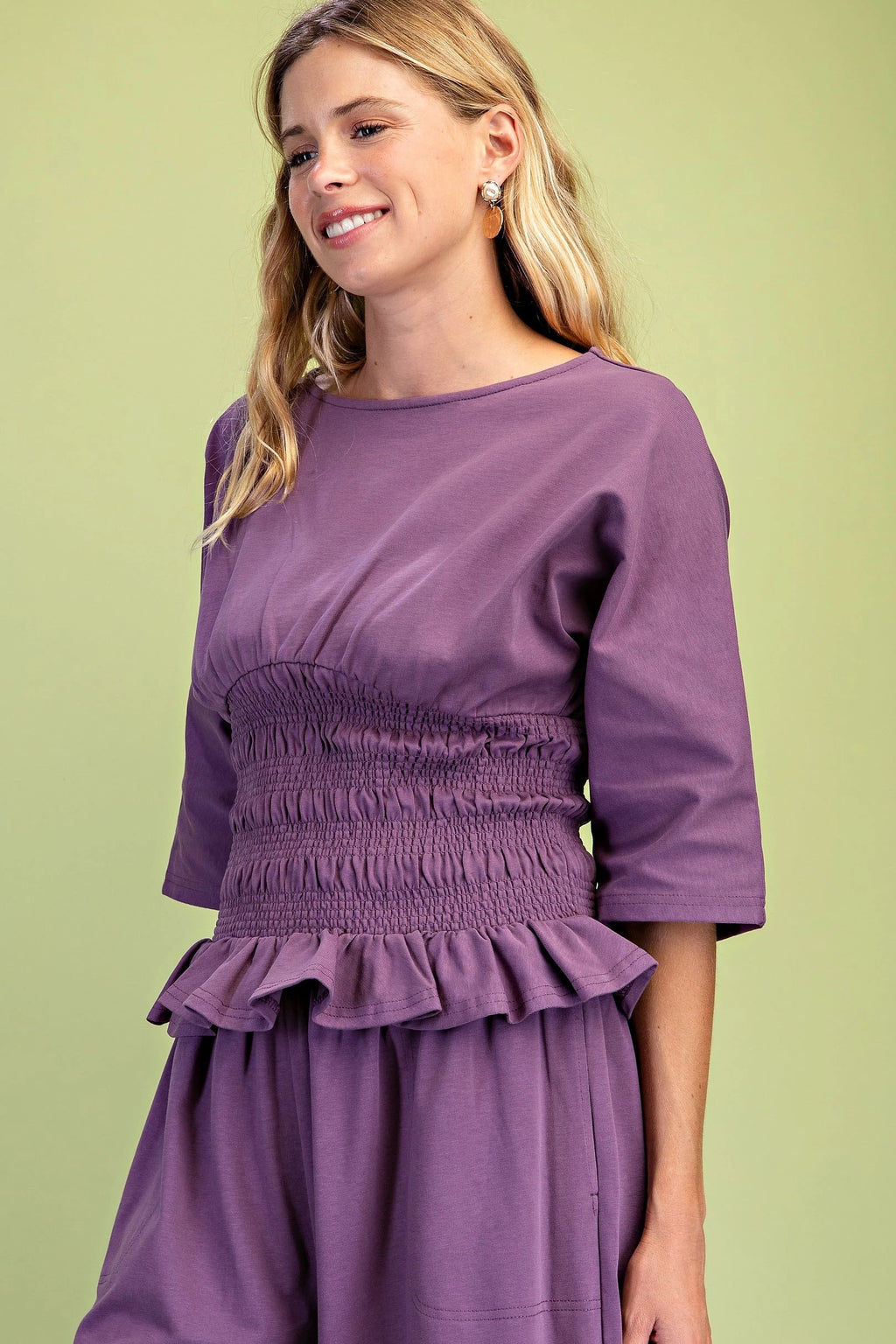 GiGiO Boat Neck Smocked Waist Blouse with Dolman Sleeves