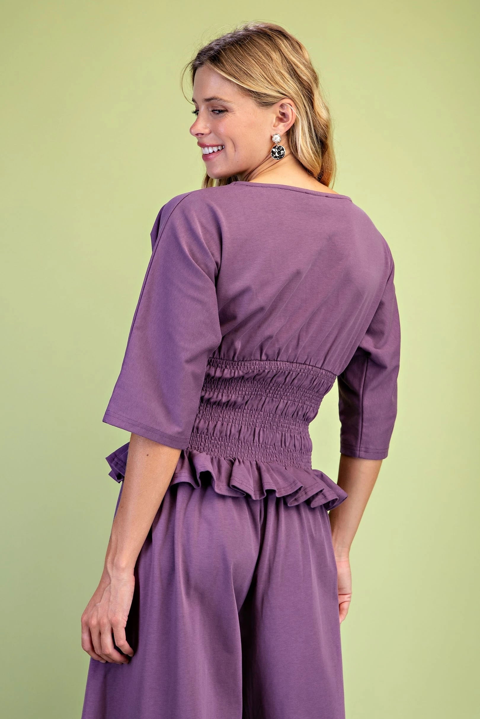 GiGiO Boat Neck Smocked Waist Blouse with Dolman Sleeves