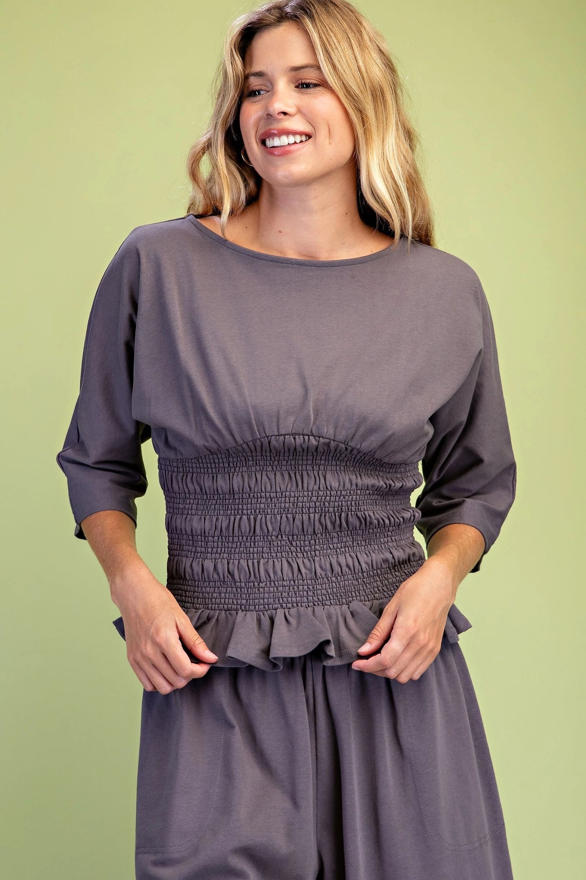 GiGiO Boat Neck Smocked Waist Blouse with Dolman Sleeves