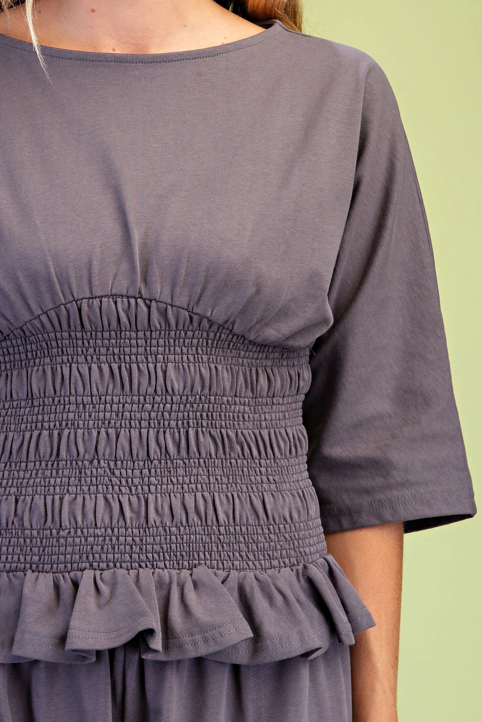 GiGiO Boat Neck Smocked Waist Blouse with Dolman Sleeves