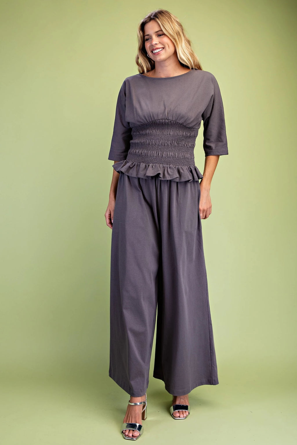 GiGiO Boat Neck Smocked Waist Blouse with Dolman Sleeves
