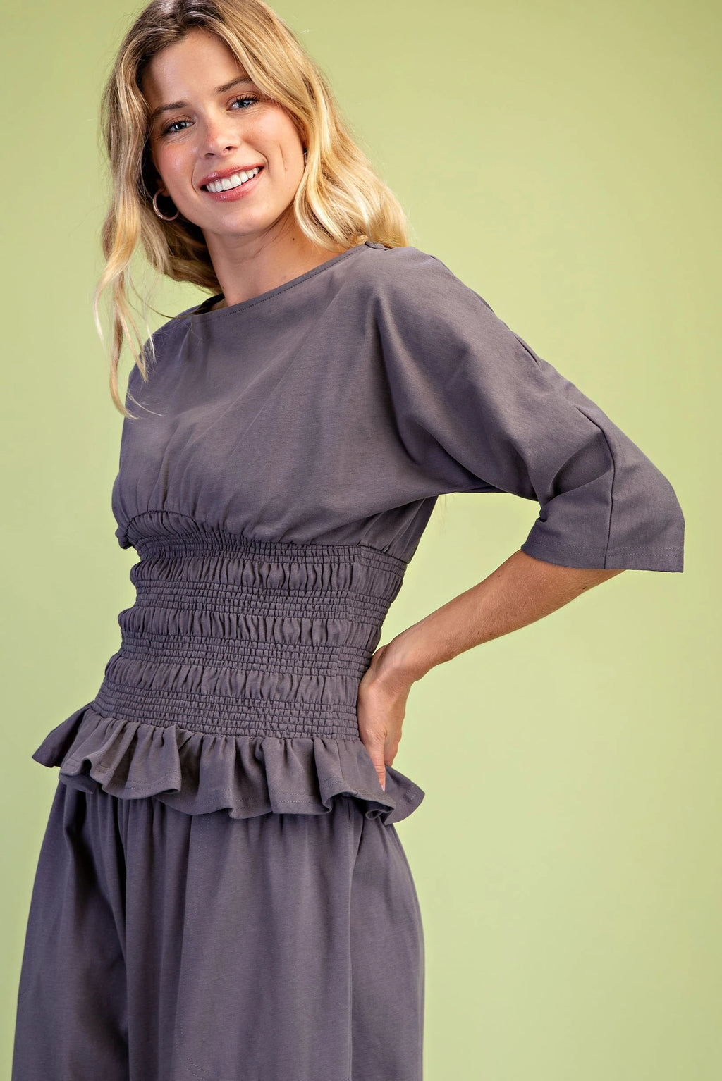 GiGiO Boat Neck Smocked Waist Blouse with Dolman Sleeves