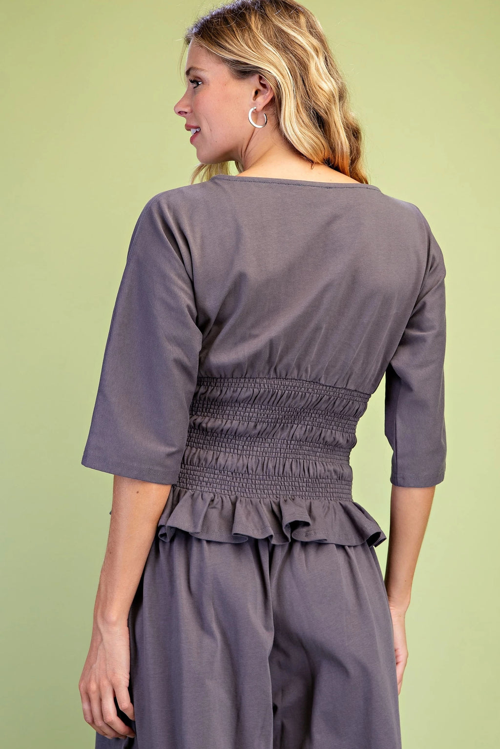 GiGiO Boat Neck Smocked Waist Blouse with Dolman Sleeves