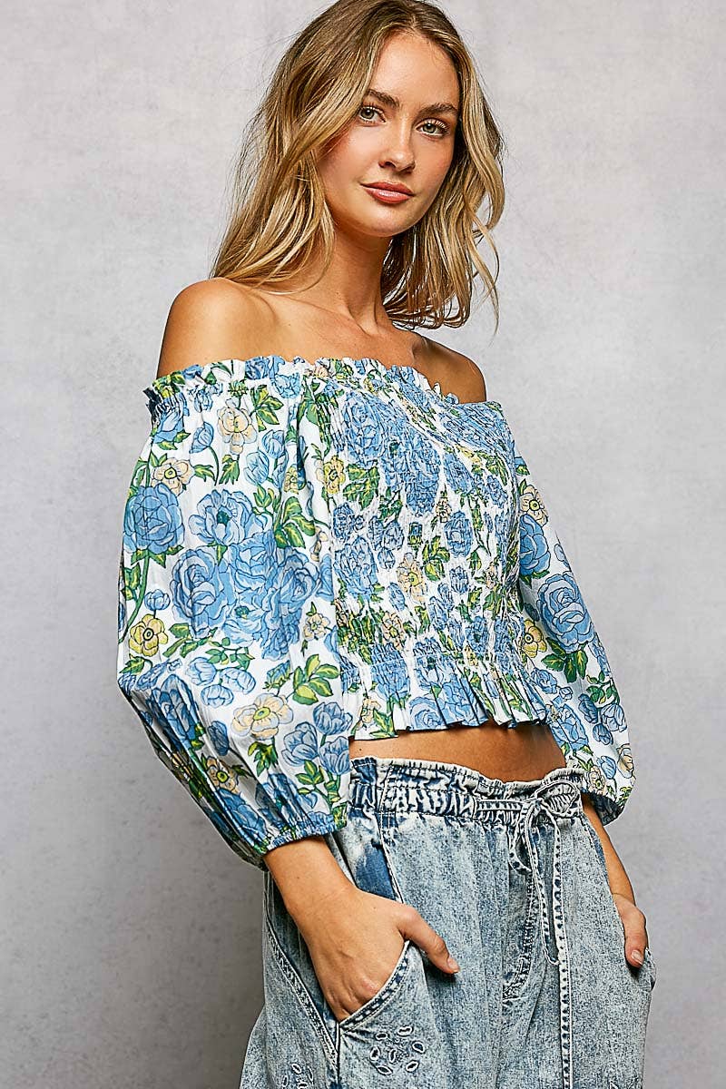 Pol Floral Block Print Off-Shoulder Smocked Top