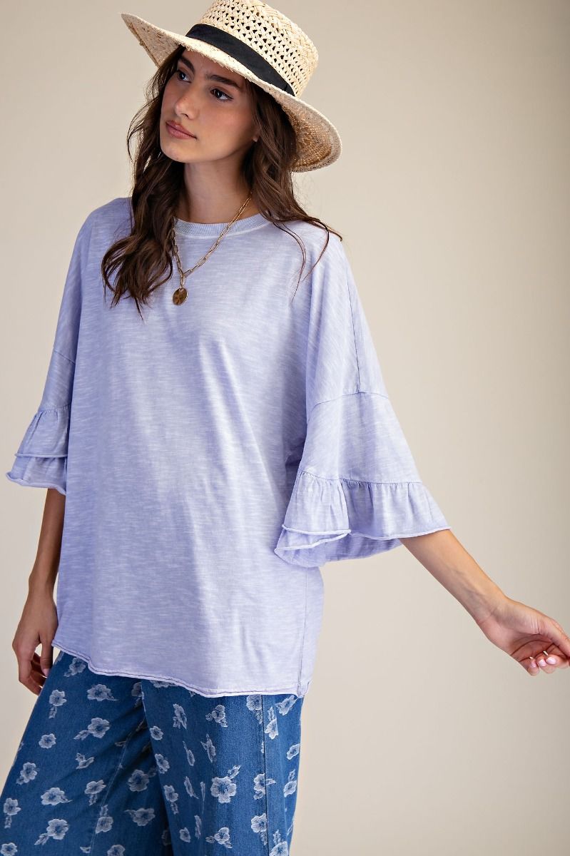 Easel Wing Ruffle Sleeves Washed Cotton Top