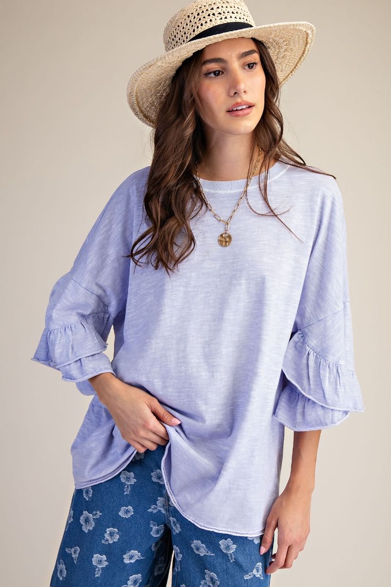 Easel Wing Ruffle Sleeves Washed Cotton Top