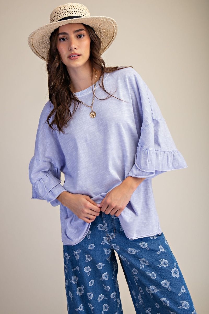 Easel Wing Ruffle Sleeves Washed Cotton Top