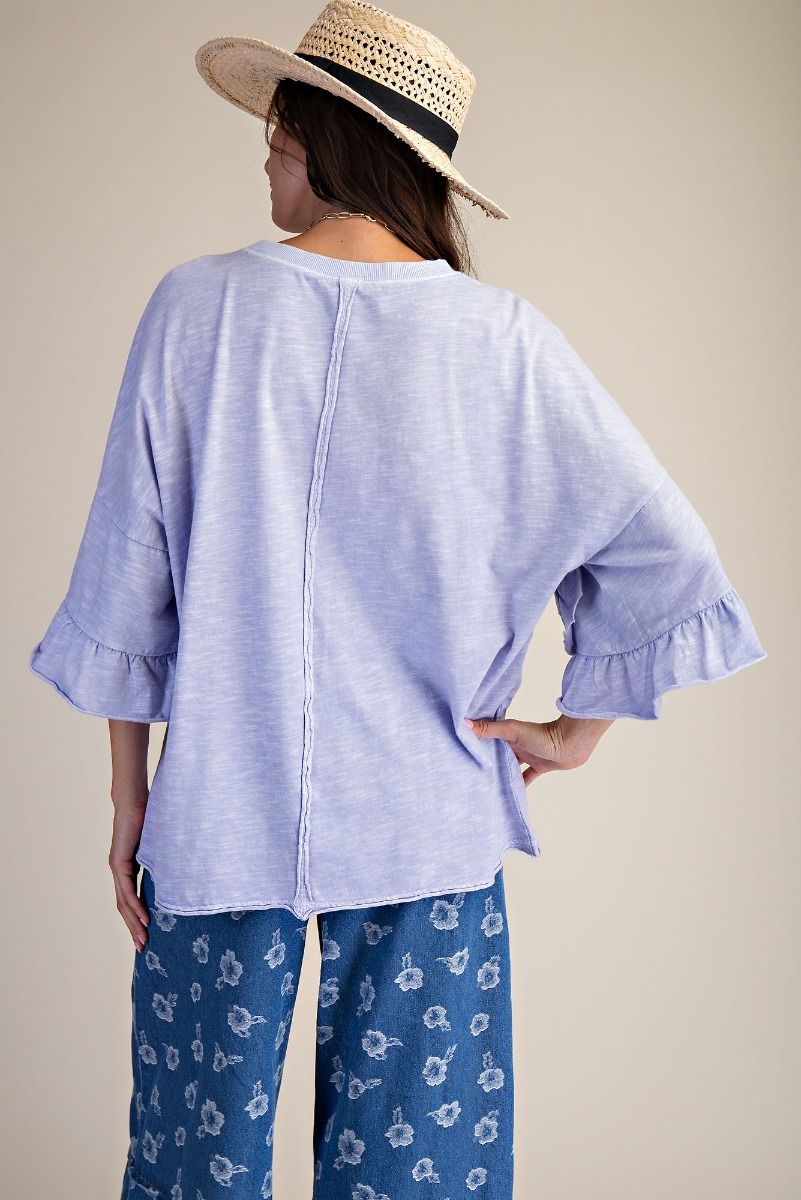Easel Wing Ruffle Sleeves Washed Cotton Top