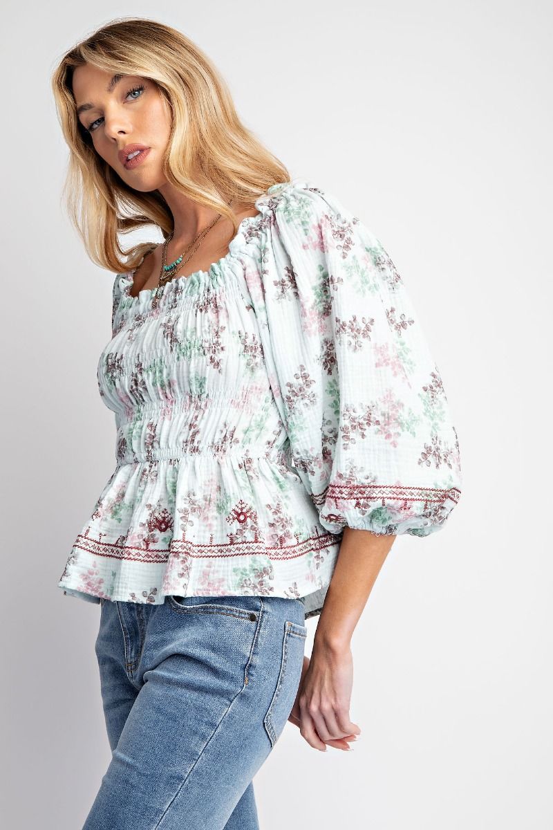 EASEL FLORAL PRINT COTTON GAUZE WOVEN TOP