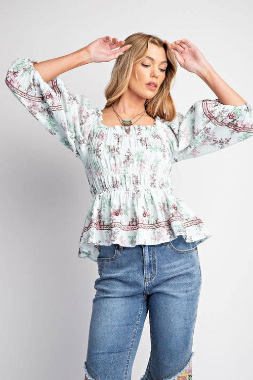EASEL FLORAL PRINT COTTON GAUZE WOVEN TOP