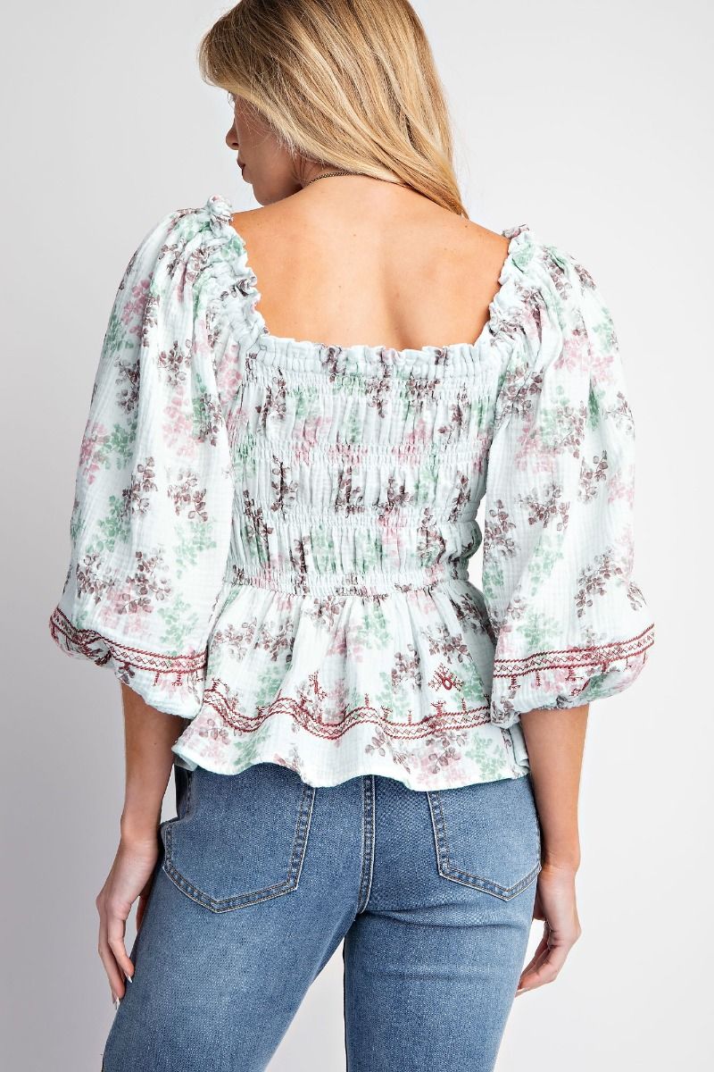 EASEL FLORAL PRINT COTTON GAUZE WOVEN TOP