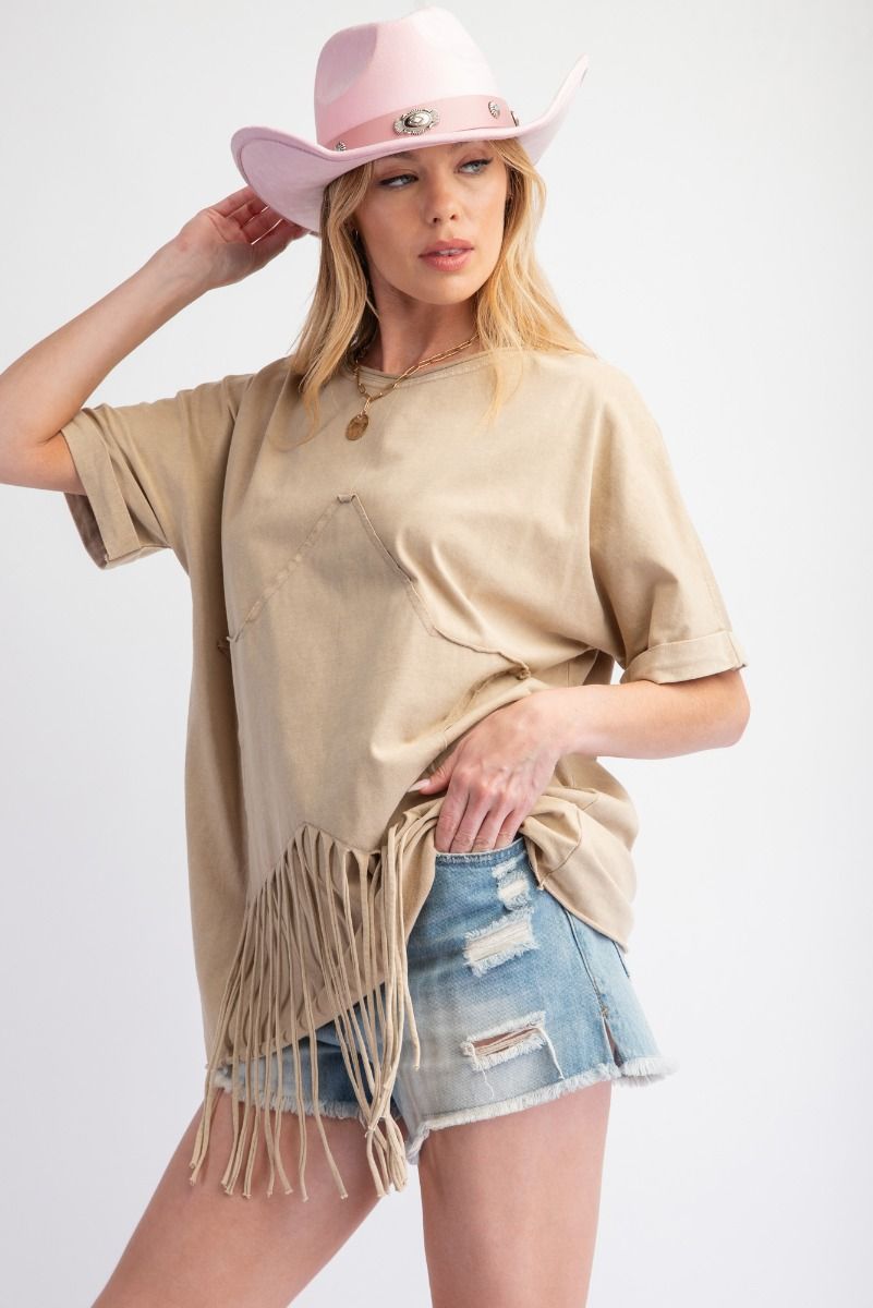 EASEL WASHED STAR PATCH FRINGE COTTON JERSEY TOP