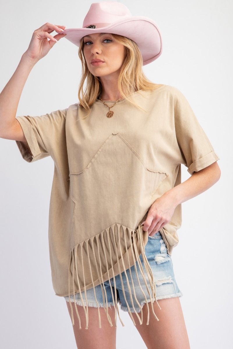 EASEL WASHED STAR PATCH FRINGE COTTON JERSEY TOP