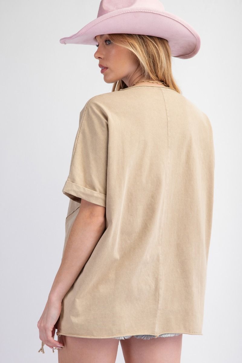 EASEL WASHED STAR PATCH FRINGE COTTON JERSEY TOP