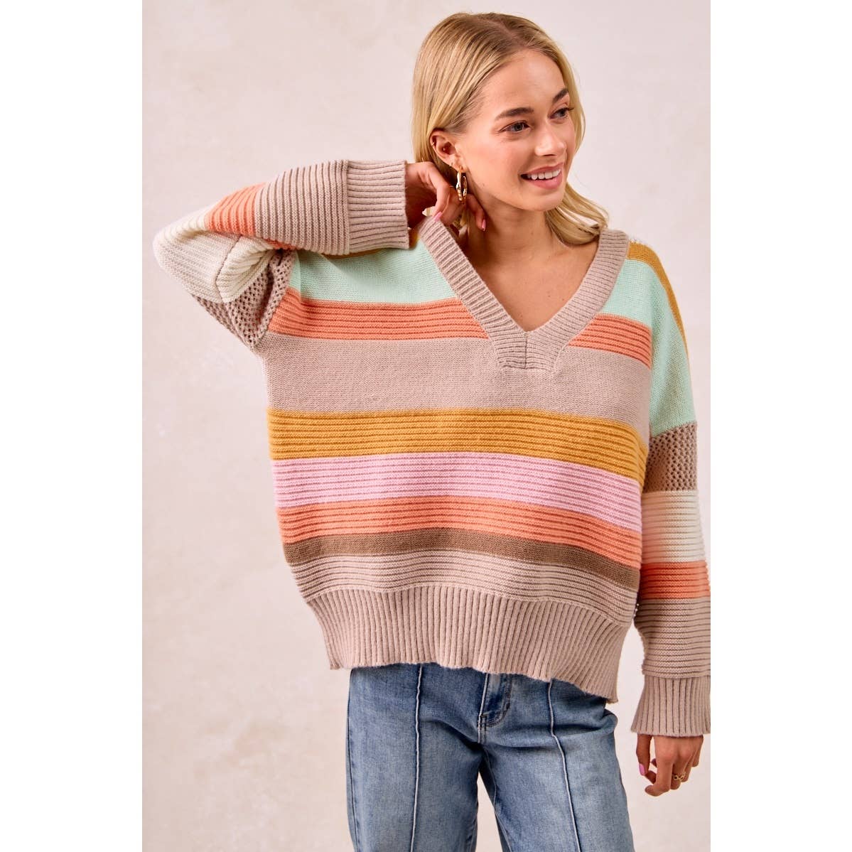 BiBi Multicolor Striped V-Neck Sweater