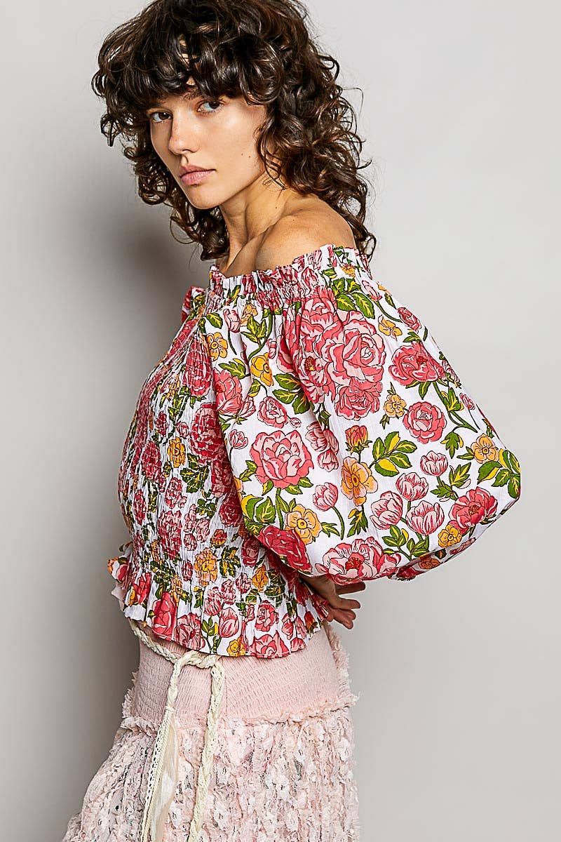 Pol Floral Block Print Off-Shoulder Smocked Top