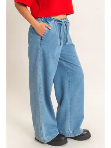 Double Zero Drawstring Wide-Leg Denim Pants