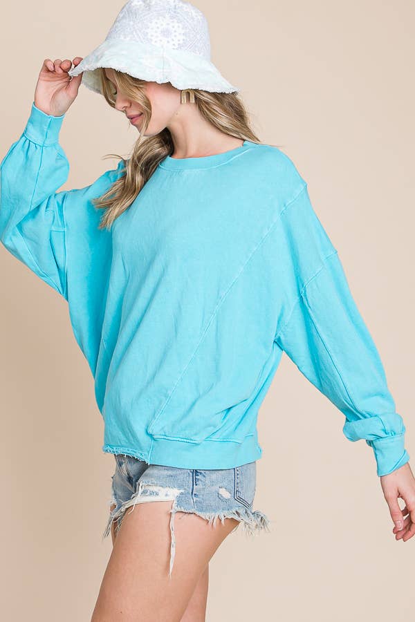 Bucketlist Mineral Wash Oversized Boatneck Sweatshirt in Sky Blue