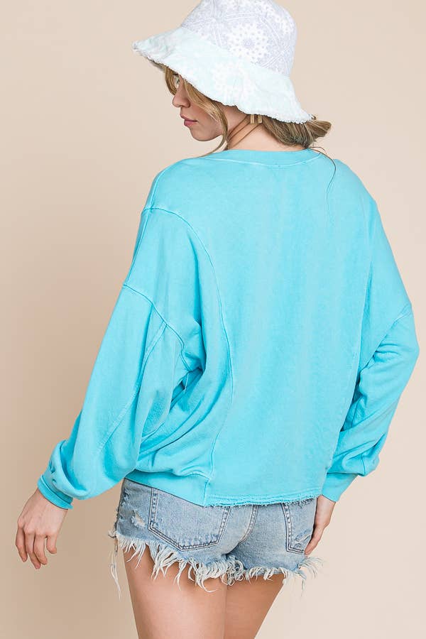 Bucketlist Mineral Wash Oversized Boatneck Sweatshirt in Sky Blue
