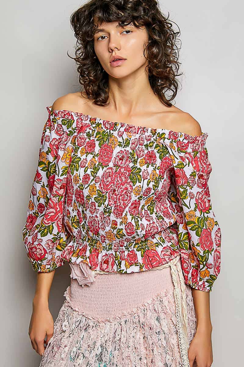 Pol Floral Block Print Off-Shoulder Smocked Top