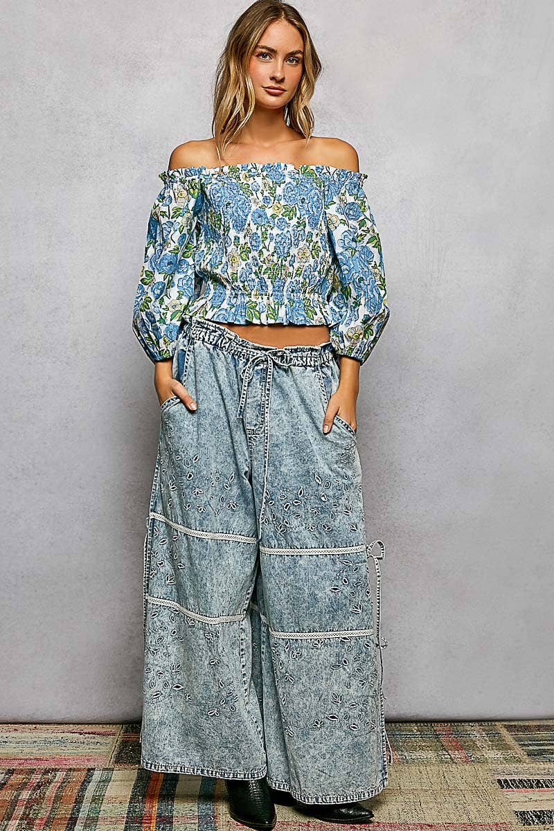Pol Floral Block Print Off-Shoulder Smocked Top