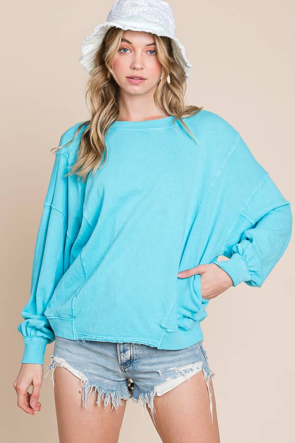Bucketlist Mineral Wash Oversized Boatneck Sweatshirt in Sky Blue