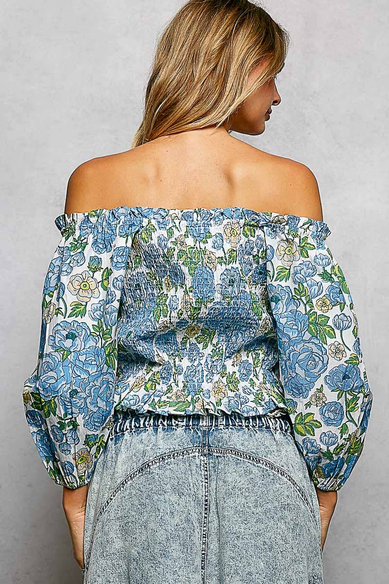 Pol Floral Block Print Off-Shoulder Smocked Top
