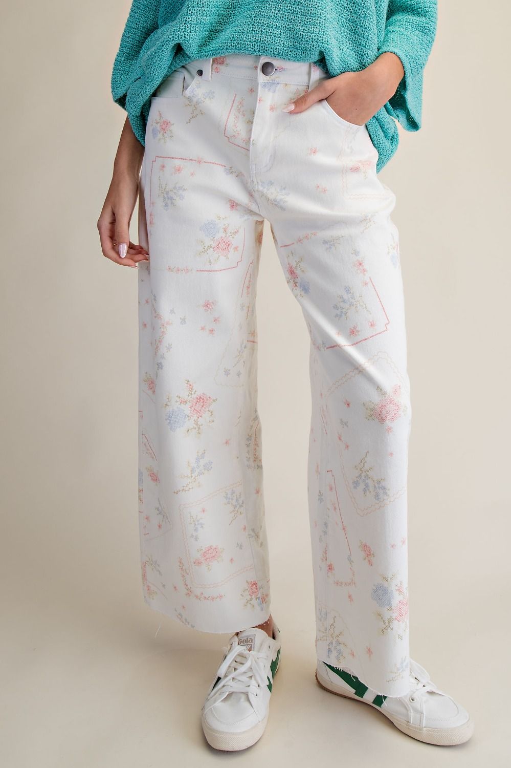 Cross Stitch Pattern Printed Washed Twill Pants