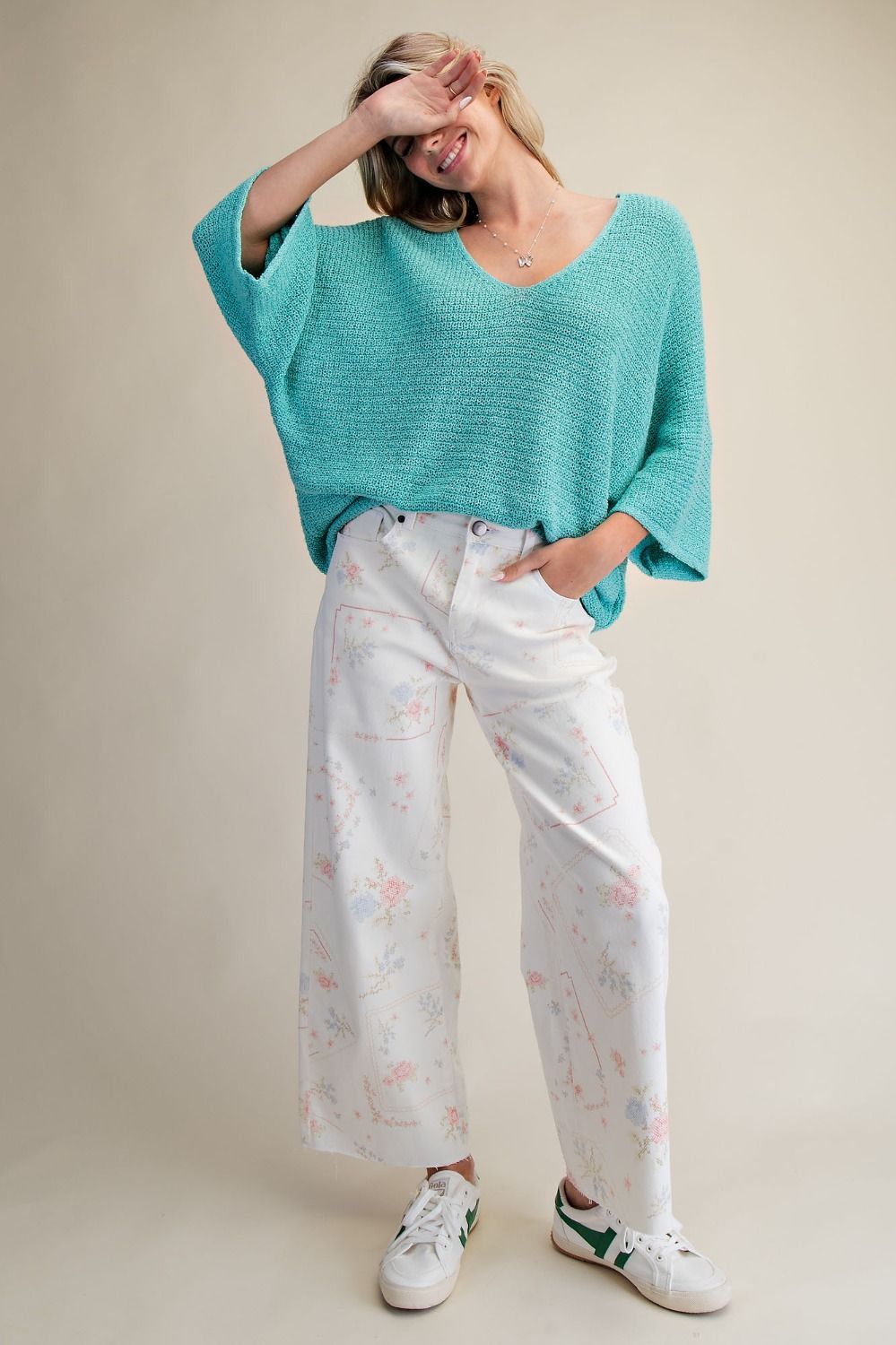 Cross Stitch Pattern Printed Washed Twill Pants