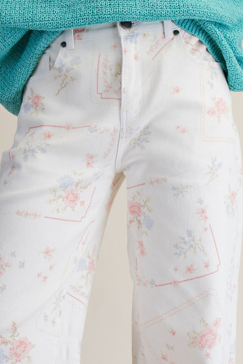 Cross Stitch Pattern Printed Washed Twill Pants