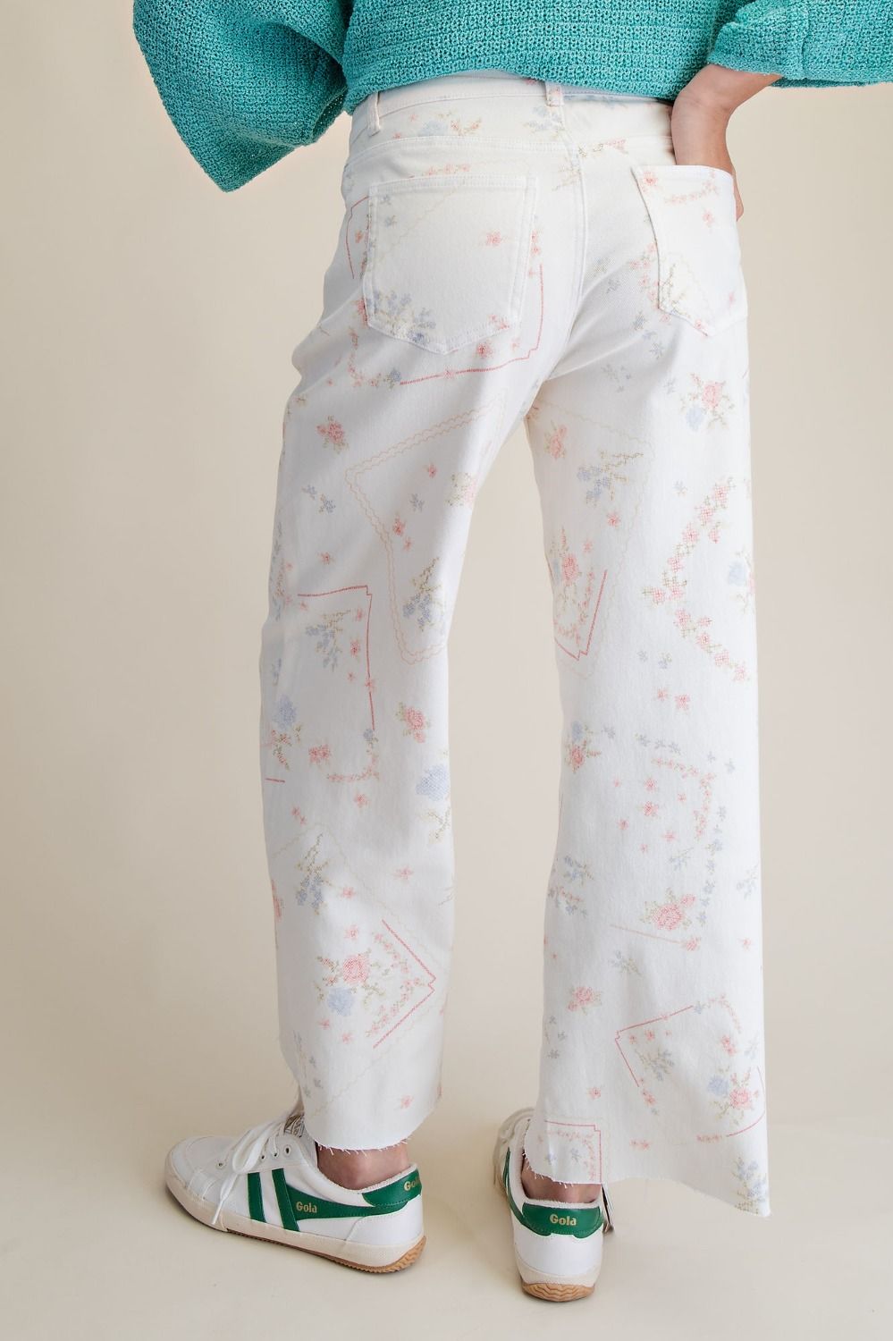 Cross Stitch Pattern Printed Washed Twill Pants