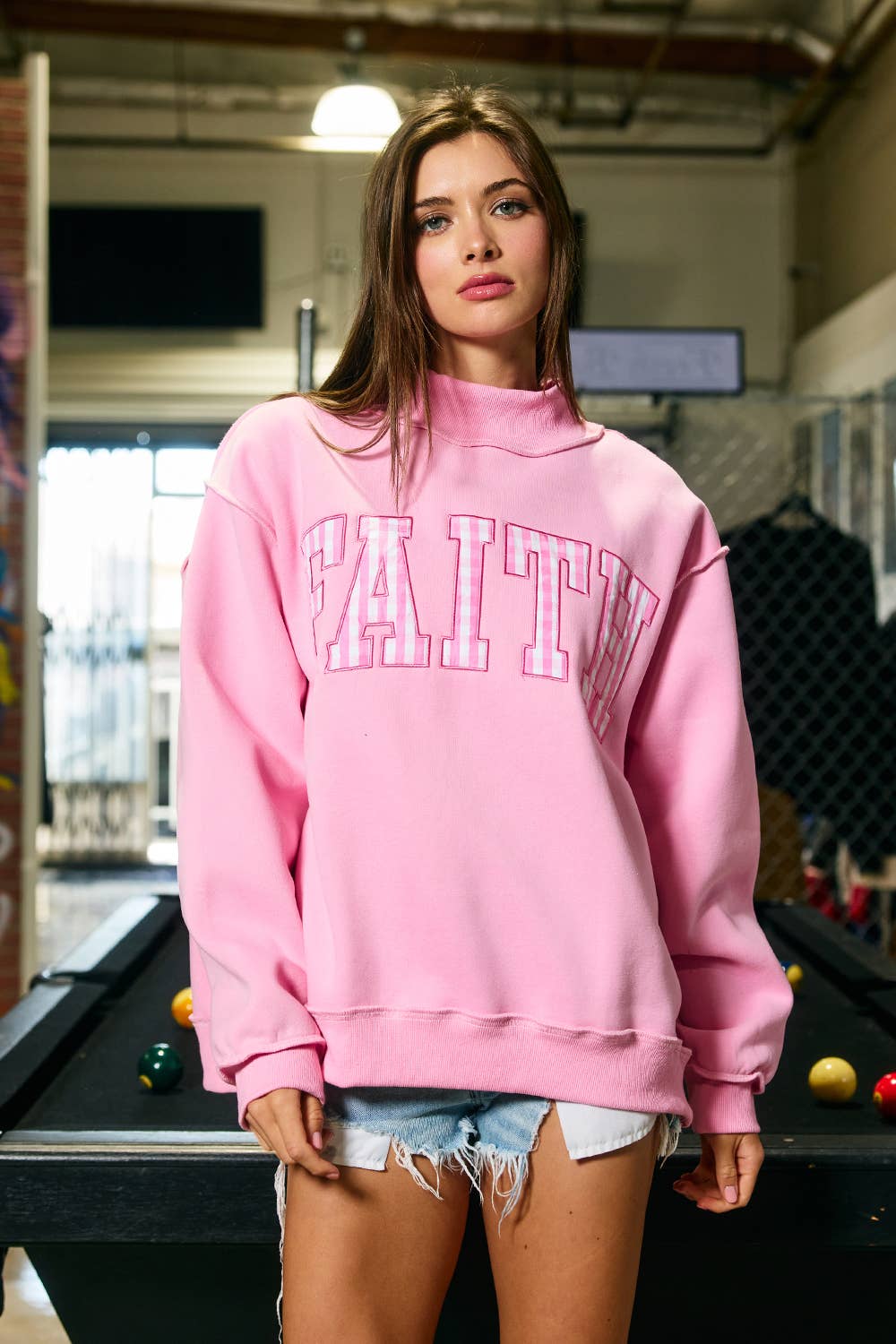 Bucketlist Faith Striped Appliqué Mock-Neck Sweatshirt in Pink