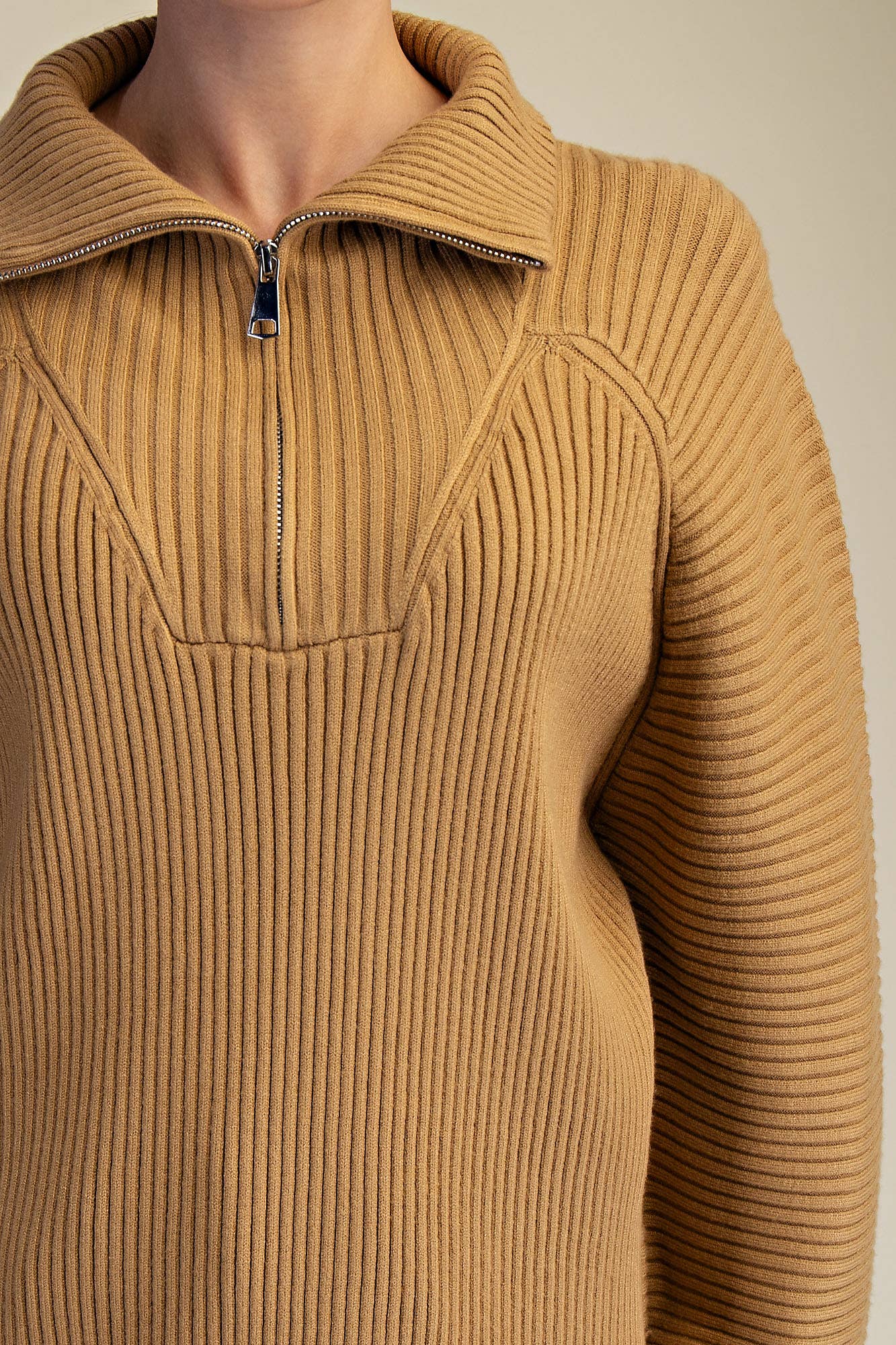 Glam Half-Zip Ribbed Sweater in Camel