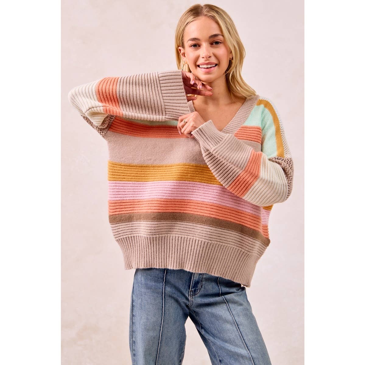 BiBi Multicolor Striped V-Neck Sweater