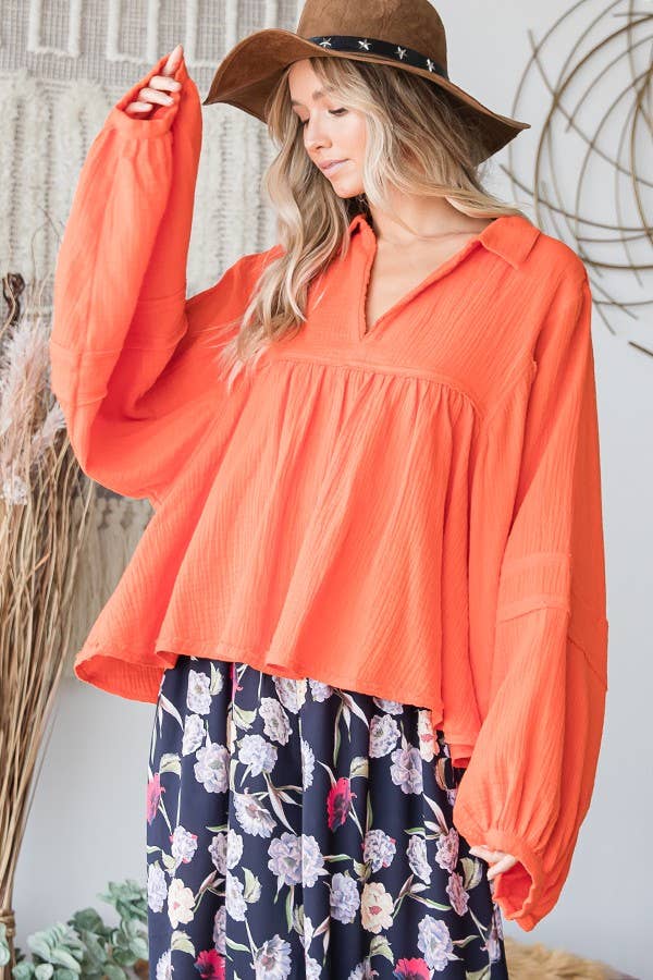 Bucketlist Puff Sleeve Collared Babydoll Top