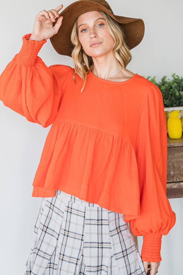 Bucketlist Puff Sleeve Smocked Cuff Babydoll Top