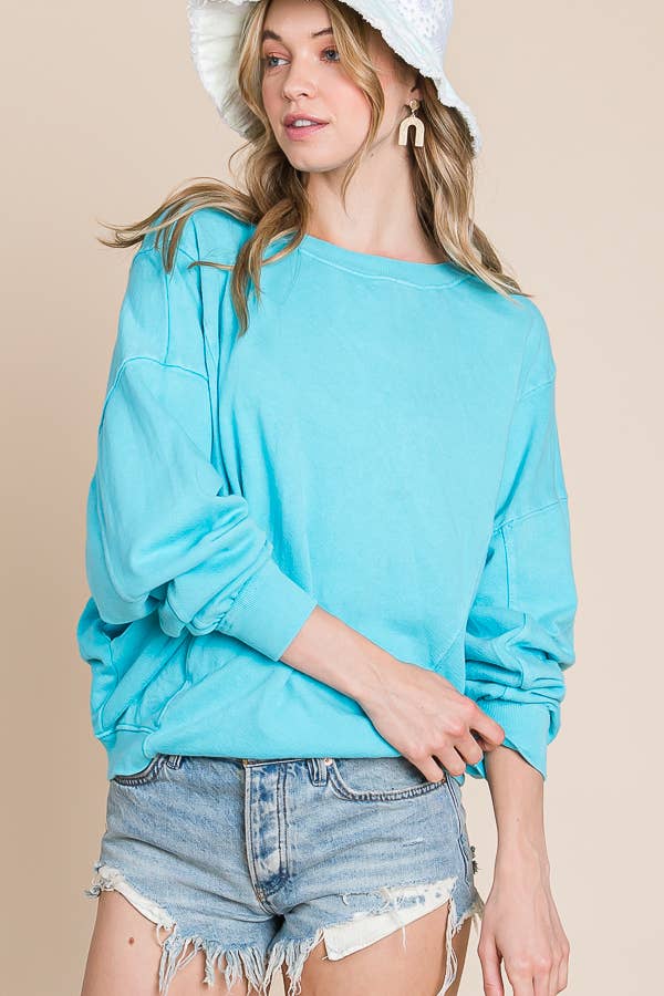 Bucketlist Mineral Wash Oversized Boatneck Sweatshirt in Sky Blue