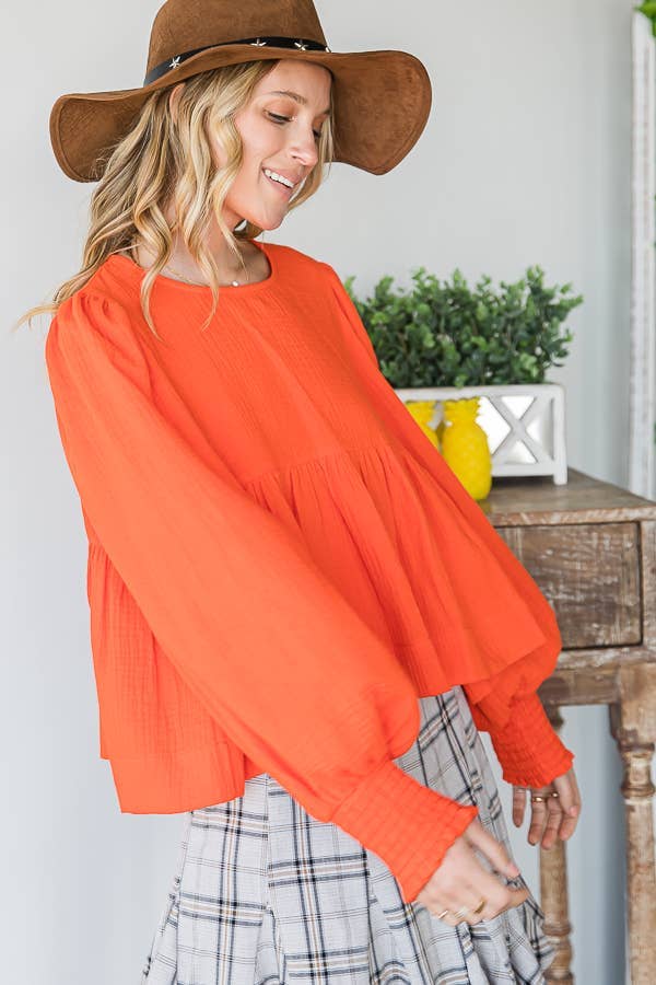 Bucketlist Puff Sleeve Smocked Cuff Babydoll Top