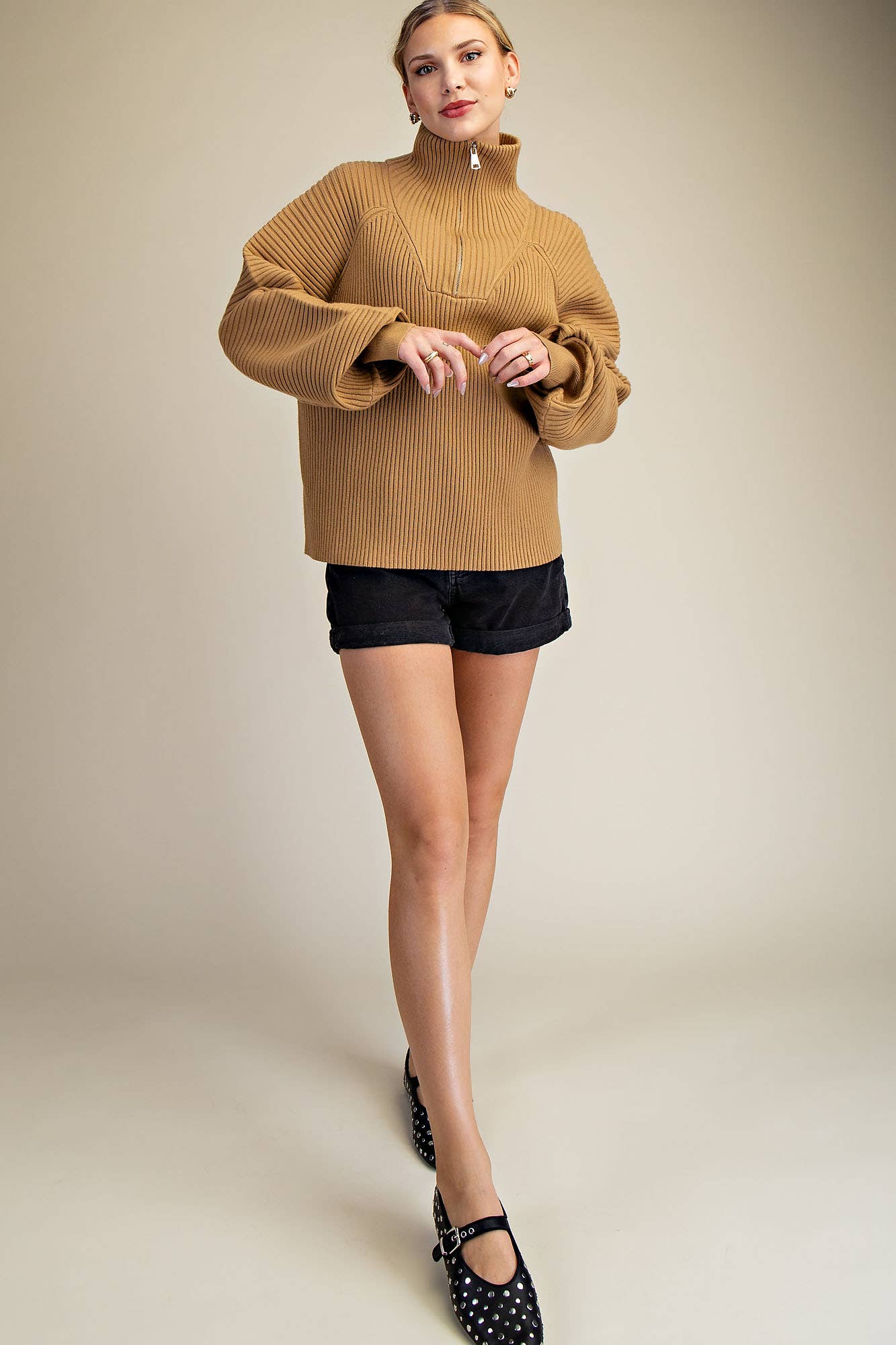 Glam Half-Zip Ribbed Sweater in Camel