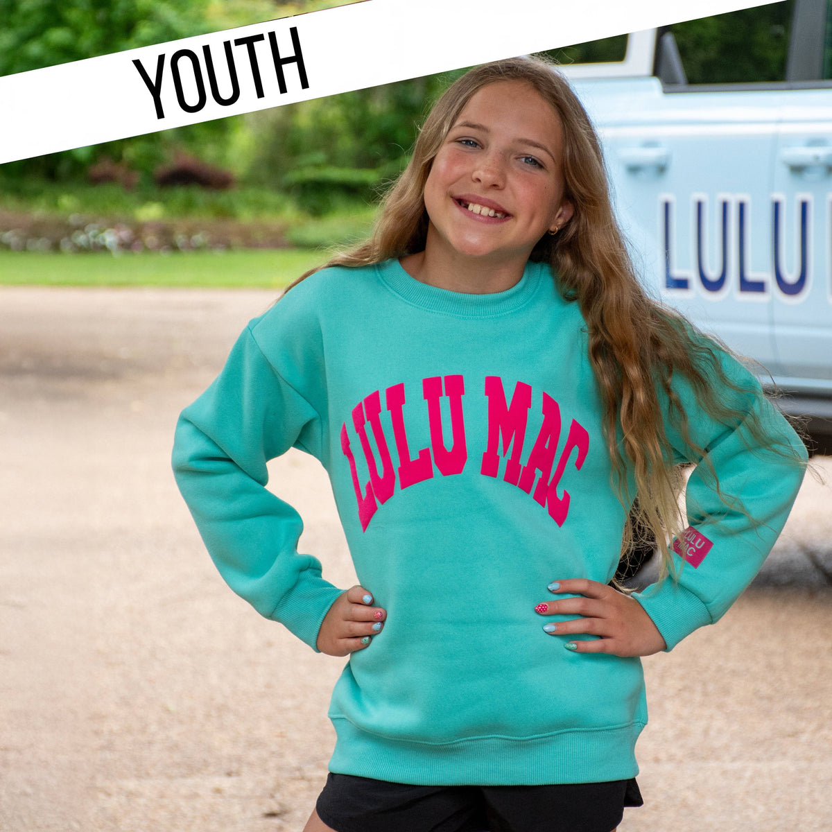 Lulu Mac Youth Puff Logo Sweatshirt in Mint/Hot Pink