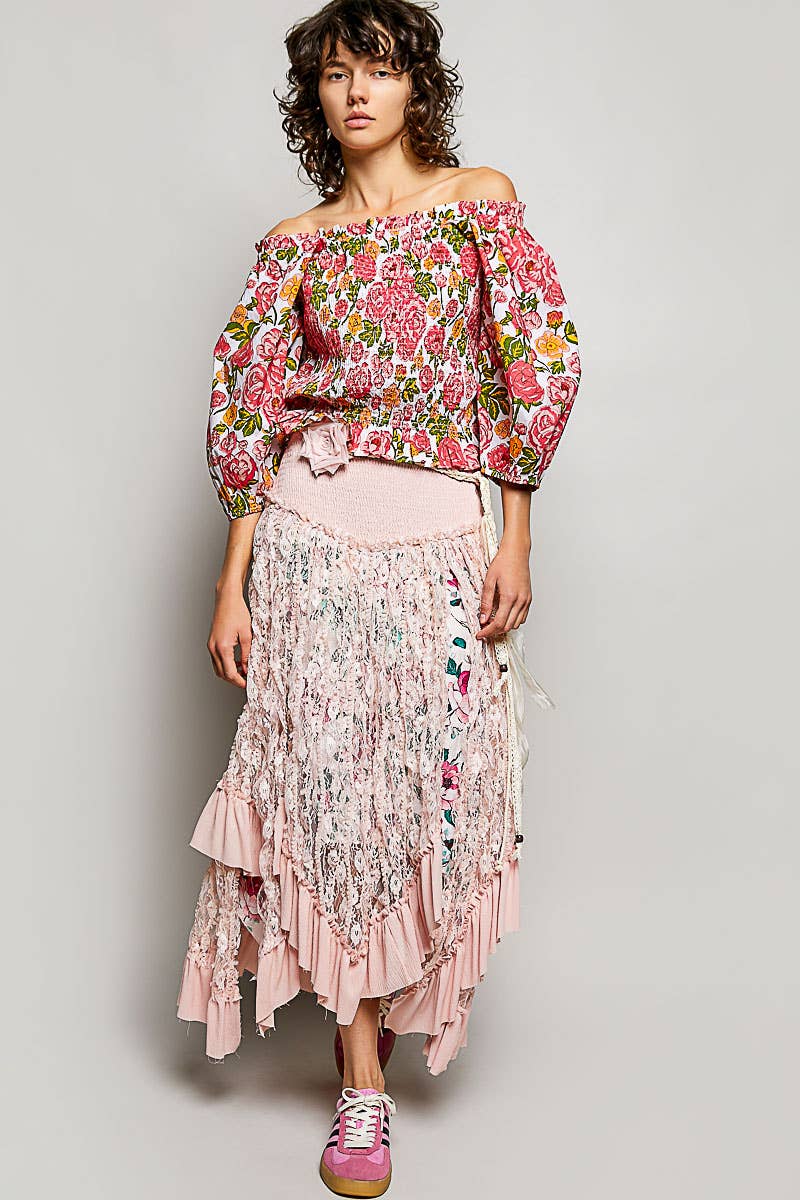 Pol Floral Block Print Off-Shoulder Smocked Top