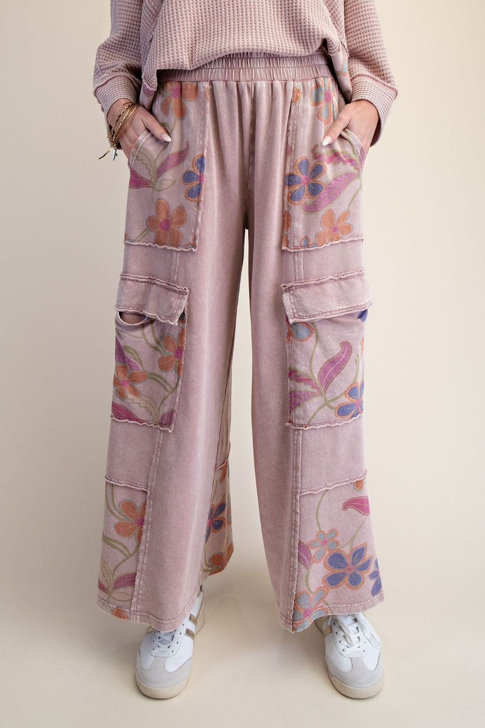 Easel Floral Print Mix Wash Terry Pants