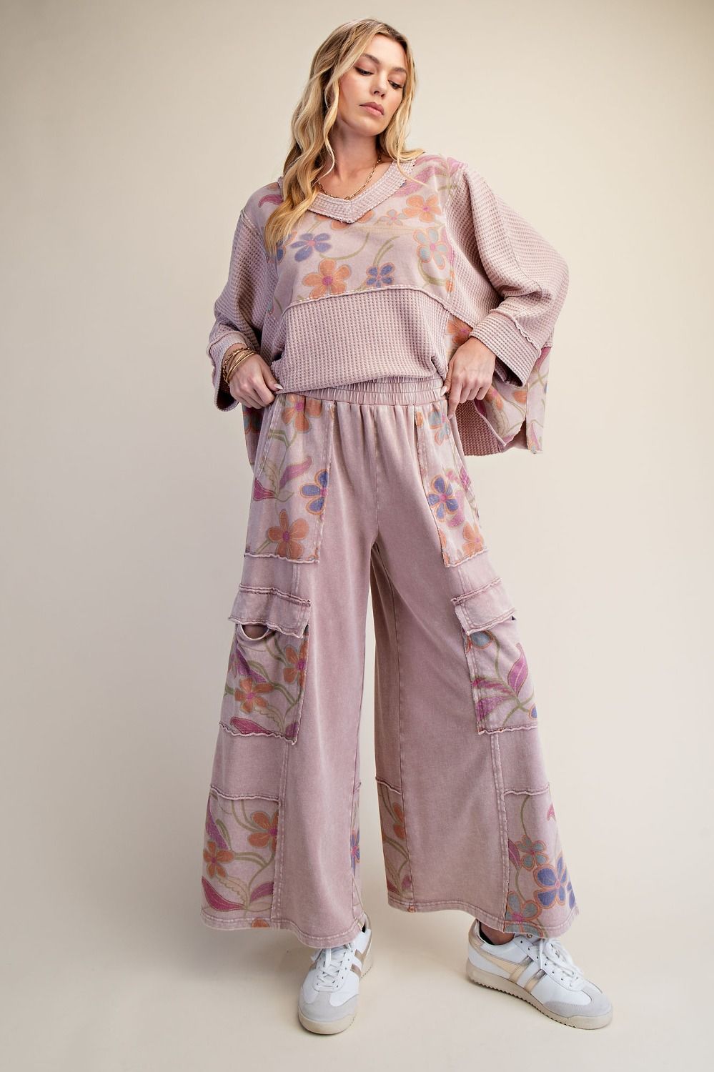 Easel Floral Print Mix Wash Terry Pants